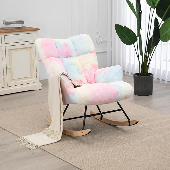 Rocking Chair Nursery Teddy Upholstered Glider Rocker Rocking Accent Chair Padded Seat with High Backrest Armchair Comfy Side Chair for Living Room Bedroom Offices (Colorful Teddy)