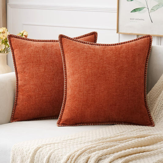 MIULEE Pack of 2 Fall Couch Throw Pillow Covers 50x50 cm Rust Farmhouse Decorative Pillow Covers with Stitched Edge Soft Chenille Solid Dyed Pillow Covers for Sofa Bed Living Room