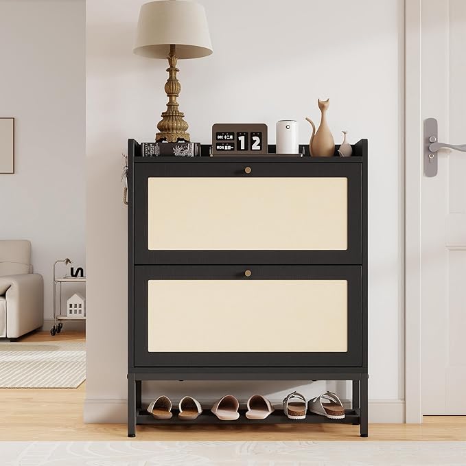 Slim Entryway Shoe Storage Cabinet with 2 Flip Drawers, Modern Freestanding Shoes Organizer Holds 16-20 Pairs, Closed Shoe Storage for Hallway, Foyer - Space-Saving Wood Shoe Cabinet