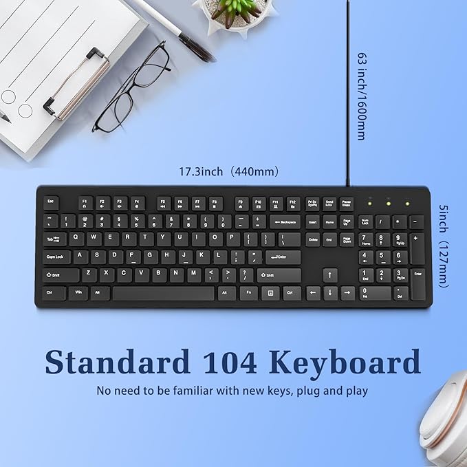 Wired Computers Keyboard with Cover Comfortable Hand Feel,Laser Engraved Characters,12 Multimedia Keys USB Interface Suitable for Laptop PC,Full Size 104 Keyboards, Plug and Play, Office