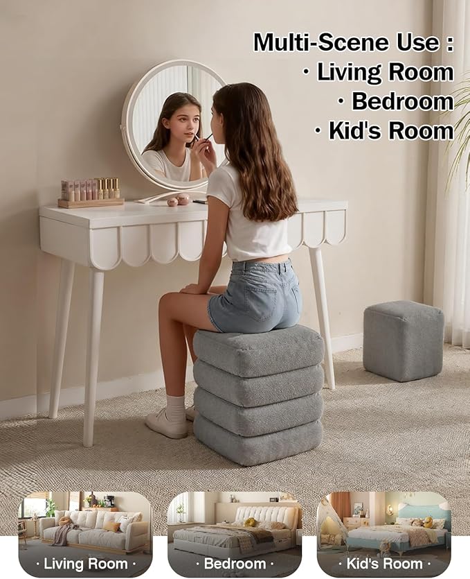 Square Set of 2 Sherpa Storage Ottoman Stool with Removeable lid,Load up to 440 lbs Footstool, Boucle Vanity Stool for Livingroom Bedroom Gray UASND69G