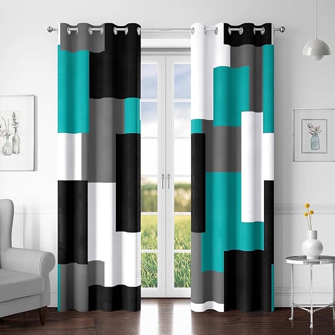 Teal/Turquoise 100% Blackout Curtains for Bedroom 63 inch Length 2 Panels Set Black White Grey Modern Abstract Geometric Black Out Curtains Room Darkening Window Drapes for Living Room, 52Wx63L
