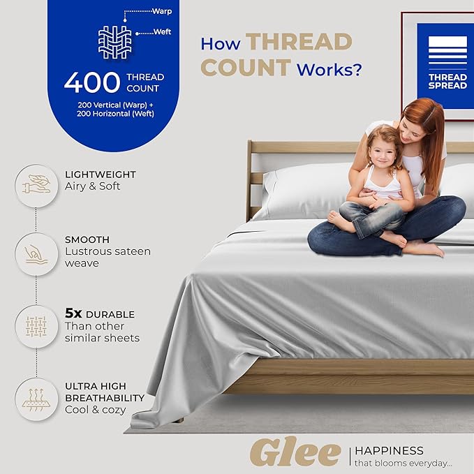 THREAD SPREAD 2-Pack Twin Cotton Sheets Sets - 400 Thread Count 100% Cotton Sateen Weave - Soft, Breathable, Hotel Quality Cooling Sheets, 2 Sets of Twin Size Deep Pocket Bed Sheets (Silver Grey)