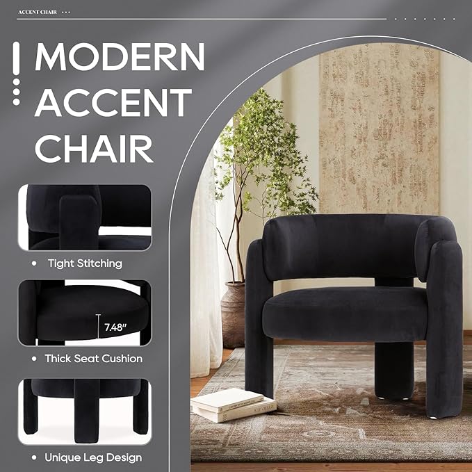 COLAMY Modern Velvet Accent Chairs Set of 2, Upholstered Barrel Chairs, Comfy Side Arm Chairs with 3 Legs for Living Room, Bedroom, Reading, Black