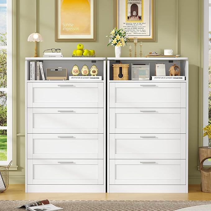 TEENFON Dresser for Bedroom, Tall White Dresser with 4 Drawers, Dressers with Mirror, Chest of Drawers for Bedroom, Living Room, Closet, Hallway, White