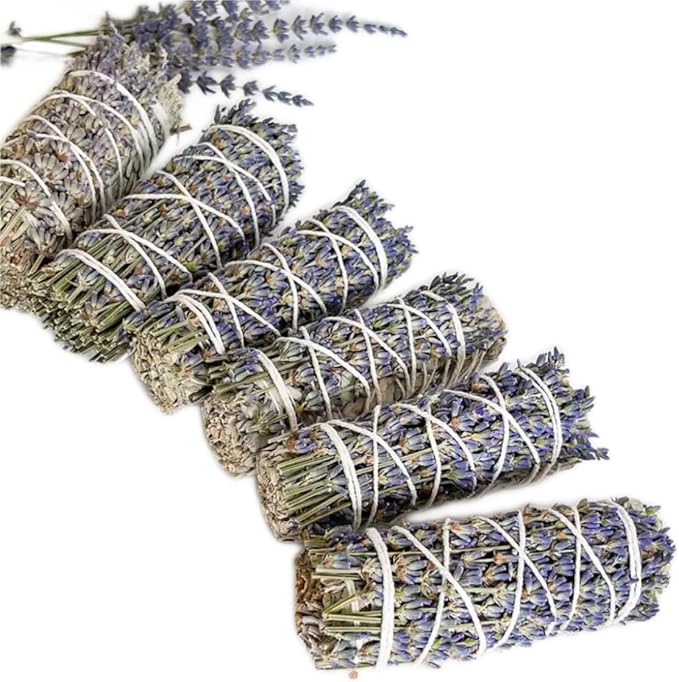 Natural White and Blue Sage Smudge Sticks with Lavender, 10 Pack Dried Herb Bundles for Aromatherapy, Meditation, 4 Inch Traditional Cotton String Wrapped Incense (Lavender+Blue sage)