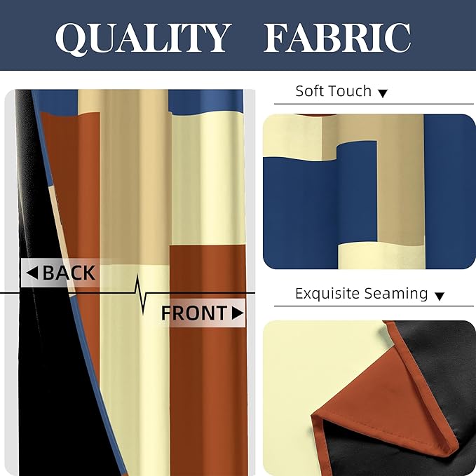 Terracotta Blue 100% Blackout Curtains for Bedroom 63 inch Long 2 Panels Set Modern Abstract Geometric Black Out Curtains Insulated Room Darkening Window Drapes for Living Room, 52Wx63L