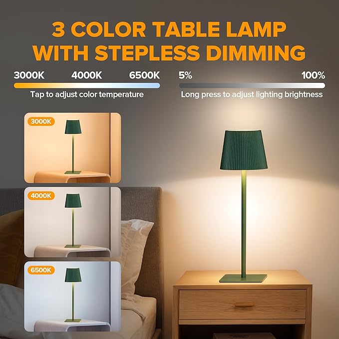 LUTEC 4 Pack Cordless Table Lamp,6000mAh Rechargeable Battery Operated Desk Lamp,Two Adjustable Heights,Waterproof, Touch Control & 3 Color Stepless Dimming for Restaurant/Bedroom/Bars/Outdoor (Green)