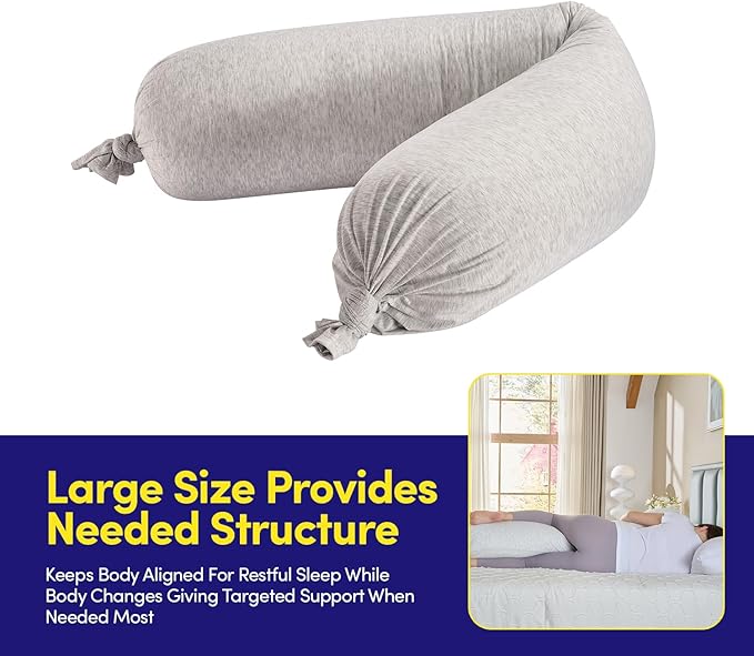 Full Body Maternity Pillow – Bean-Filled Pregnancy Support Pillow with Removable Cover – 59″ Long Full-Length Back, Hip & Belly Support for Pregnancy & Nursing, Silver