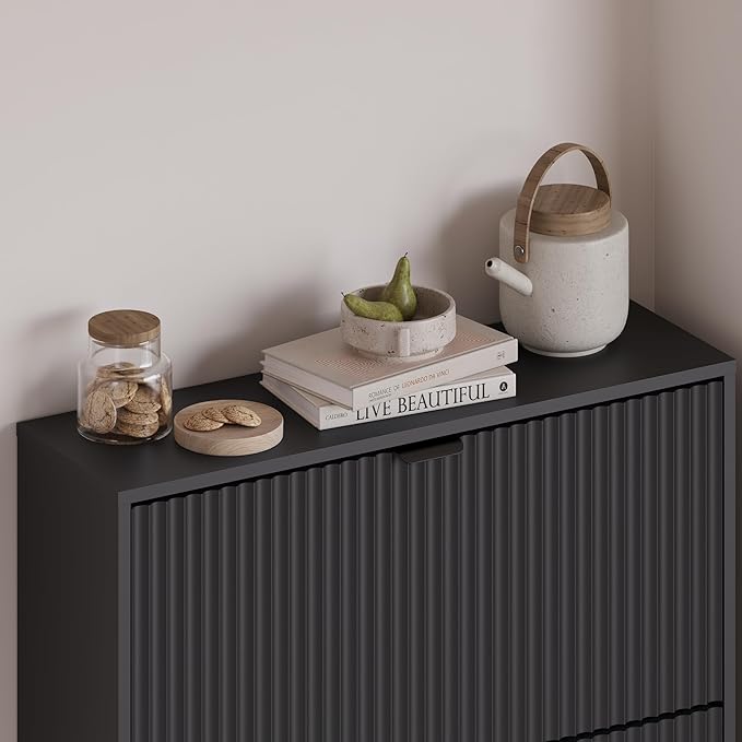 Entryway Shoe Cabinet with 3 Flip Drawers, Narrow Shoe Organizer Cabinet with Fluted Panel and Adjustable Shelves for Foyer, Hallway