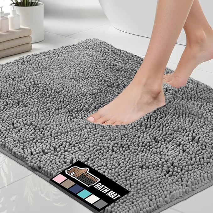 GORILLA GRIP Bath Rug Mat 30x20, Thick Soft Absorbent Chenille, Quick Dry Microfiber Mats, Rubber Backing Washable Shower Floor Rugs, Bathmat Runner, US Designed Bathroom Home Decor Accessories Grey