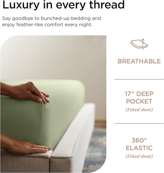 Threadmill Supima Cotton Sheets, 1200 Thread Count Soft 100% Cotton Sheets for Cal King Size Bed, 4 Pc Sage Green Cal King Bed Sheets Set, 5-Star Hotel Quality with Elasticized Deep Pocket King Sheet