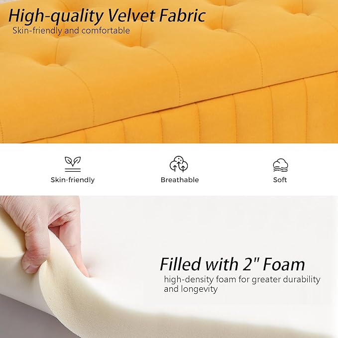 Velvet Storage Bench for Bedroom, Modern Tufted End of Bed Bench for King Size Bed, Upholstered Long Ottoman Bench with Gold Legs for Living Room/Entryway (Mustard Yellow, 55" W)