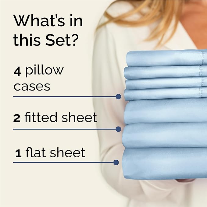 Split King 7 Piece Sheet Set - Cooling & Breathable - Hotel Luxury Bedding, Includes Fitted Sheets for Women, Men, Kids & Teens - 1 Flat, 2 Fitted Sheets, 4 Pillowcases with Deep Pockets - Baby Blue