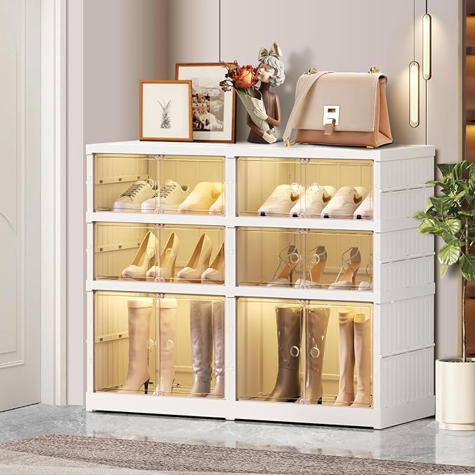 3-Tier Foldable Shoe Rack Organizer for Closet 12Pairs Plastic Shoe Shelf Collapsible Shoes Storage Box Clear Shoe Boxes Stackable with Door Easy Assembly Shoe Cabinet with Lids Large
