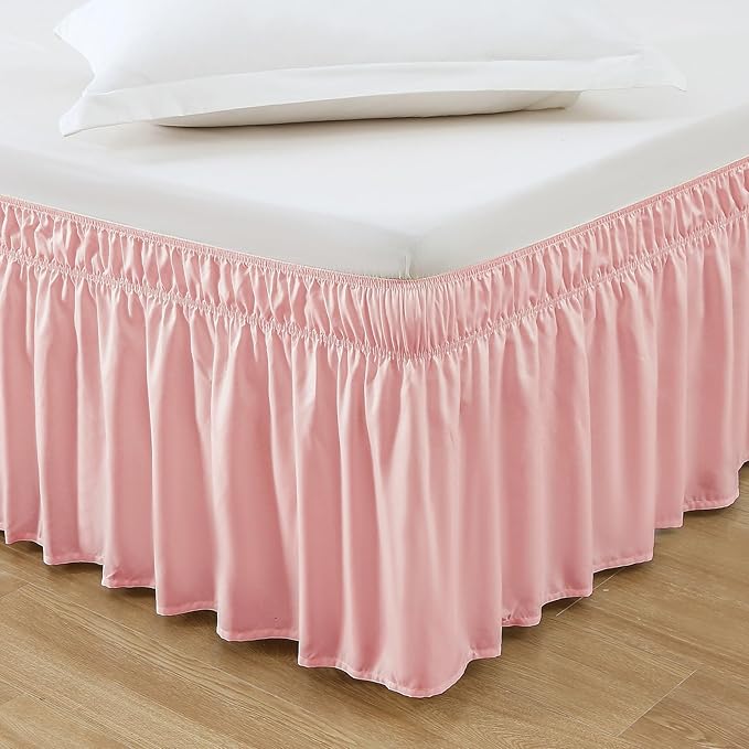 MEILA Wrap Around Bed Skirt Three Fabric Sides Elastic Dust Ruffled 24 Inch Tailored Drop,Easy to Install Fade Resistant-Pink, Queen/King