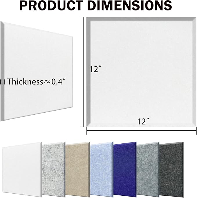 12 Pieces Square Sound Absorbing Panels Self-Adhesive, 12" X 12" X 0.4"High Density Acoustic Panel, Stylish Acoustical Wall Padding Used in Home & Offices(White)