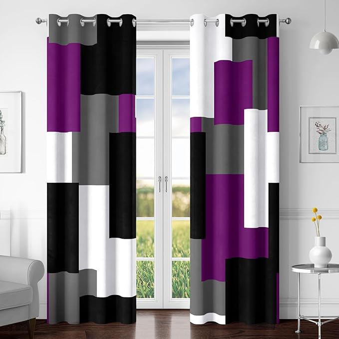 Purple 100% Blackout Curtains for Bedroom 108 inch Extra Long 2 Panels Set Black White Grey Modern Abstract Geometric Black Out Curtains Room Darkening Window Drapes for Living Room, 52Wx108L