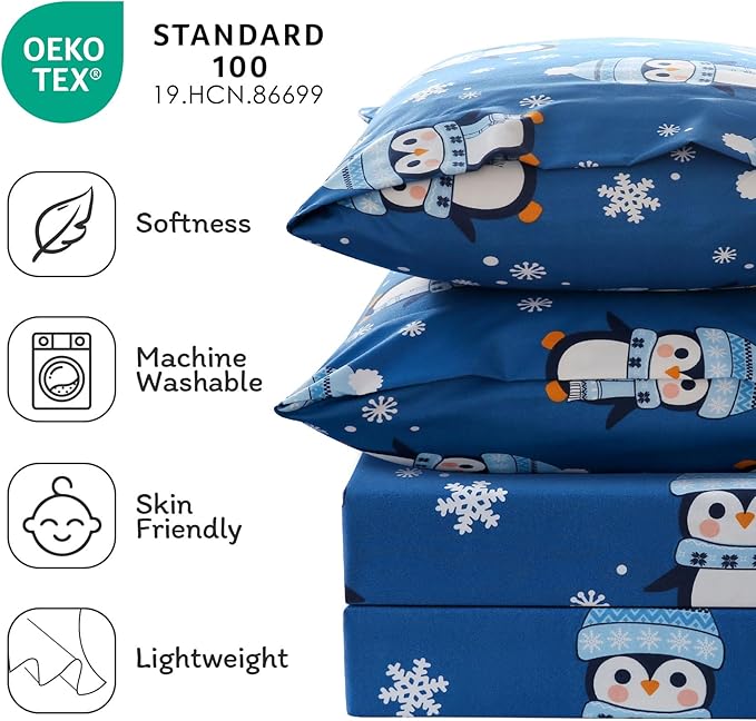 JSD Penguin Snowflakes Kids Christmas Sheet Set Twin Size, 3 Piece Blue Printed Microfiber Sheets Deep Pocket