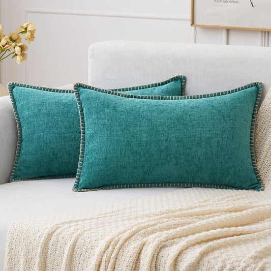 MIULEE Pack of 2 Couch Throw Pillow Covers 12x20 Inch Teal Farmhouse Decorative Pillow Covers with Stitched Edge Soft Chenille Solid Dyed Spring Pillow Covers for Sofa Bed Living Room