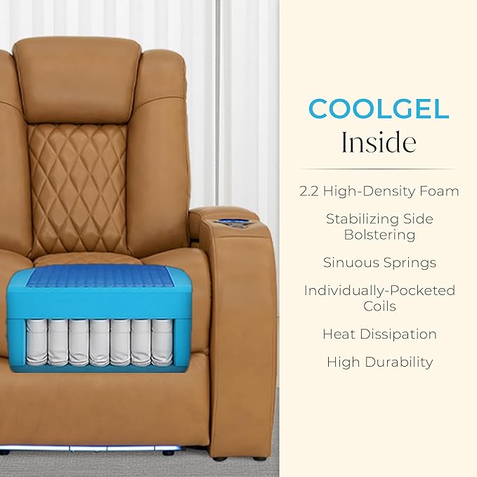 Seatcraft Diamante Zero-Gravity CoolZero Italian Leather Home Theater Seating, Power Headrest, Power Recline, Row of 5, Tan Oak