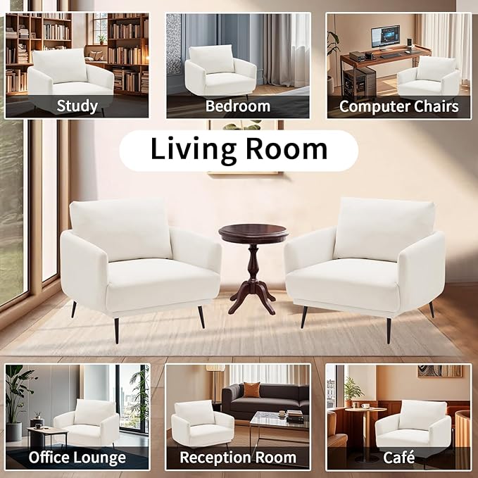 Oversized Accent Chair for Living Room Cozy Reading Chairs Mid-Century Modern Accent Chairs Armchair with Metal Legs Single Sofa Chair for Home Office (Set-of-2, Polyester Fabric- Pearly White)