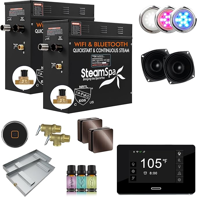 SteamSpa Steam System 24kW Steam Shower Generator with Bluetooth Wifi, Quickstart Continous Steam, Advanced Touch Pad Screen, Chroma Lights, Drain Pan and Auto Drain Oil Rubbed Bronze RVBS2400ORB-A