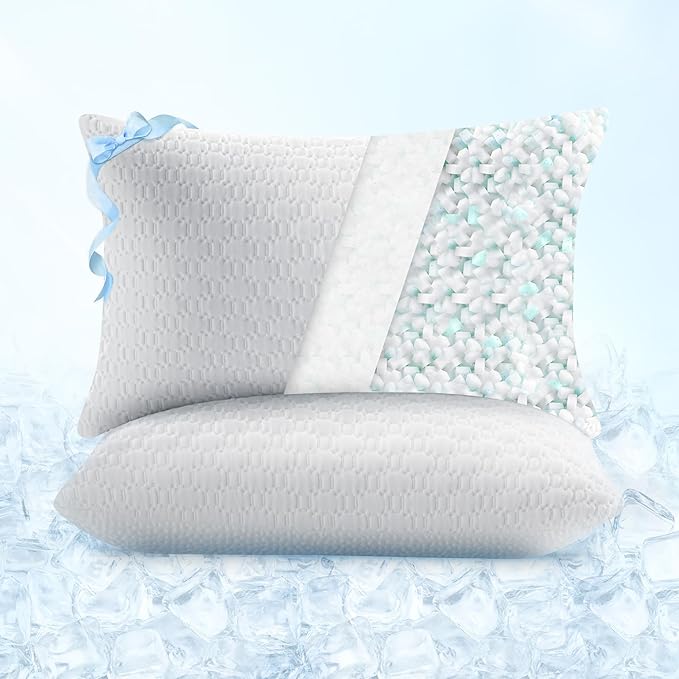 Sophia & William Cooling Bed Pillow for Sleeping (Queen Size Set of 2) Adjustable Shredded Memory Foam Pillow for Side, Back and Stomach Sleepeers