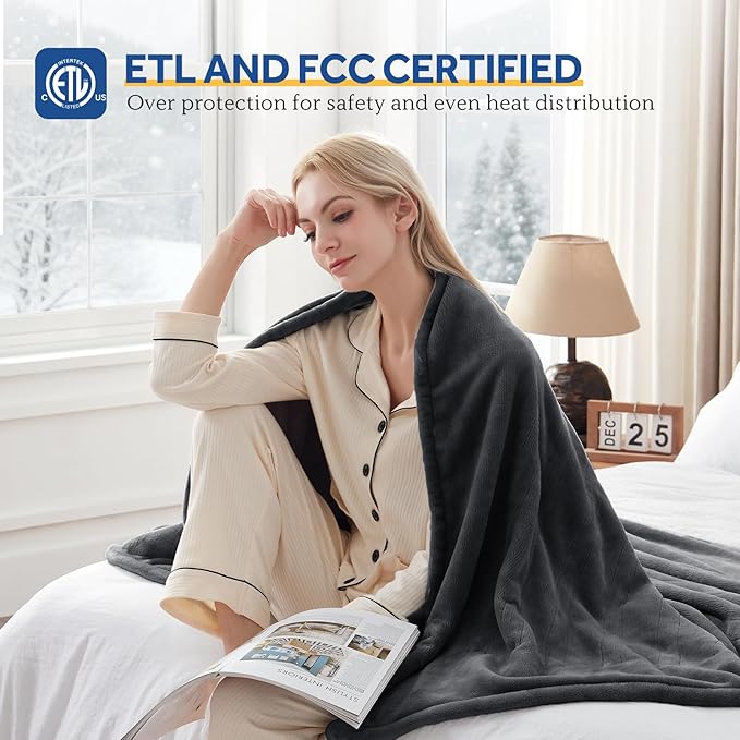 Sealy Heated Blanket Full Size 80"x84", Soft Double Flannel Electric Blanket with 10 Heat Levels & 1-12 Hours Auto Shut Off, Machine Washable, Even Heat Distribution, Charcoal