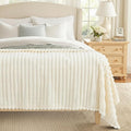 decorUhome Christmas Soft Fleece Cream White Blanket King Size for Bed, Cozy Fluffy Plush Flannel Large Striped Throws for Couch Sofa, Lightweight Decorative Fuzzy Blanket for Woman, 108x90 Inches