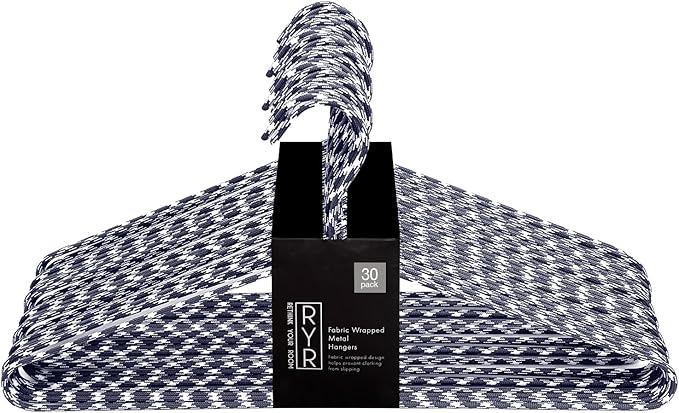 Clothes Hangers 30 Pack Stylish Fabric Wrapped Metal, Space Saving Coat, Velvet, Pant Hangers for Closet Organization, Durable Non-Slip, Navy/White Wardrobe Essentials Bulk Storage