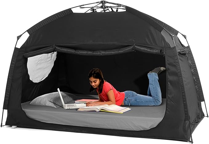 Indoor Instant Privacy Bed Tent for Sleeping,Quick Set-up Bed Canopies,Portable Bed Drapes with Large Space and 3 Doors (Black, Twin)