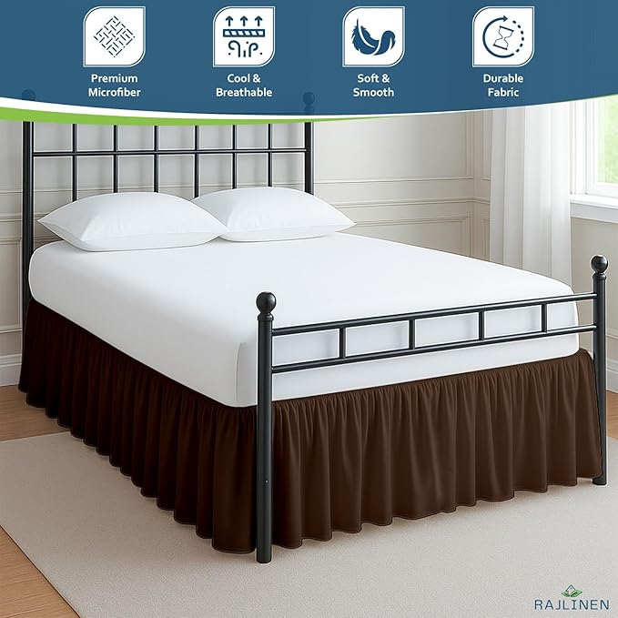 Rajlinen Ruffled Bed Skirt Twin XL, 18 Inch Drop Dust Ruffle with Split Corners, 100% Microfiber Bedskirt with Platform, Three-Sided Coverage Ruffled Gathering Design, Chocolate