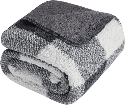 LURKA Checkered Sherpa Fleece Throw Blanket - Extra Thick and Warm Winter Soft Fuzzy Plush Blanket for Couches, Beds & Pets, Smoke Grey, 50x60 Inches