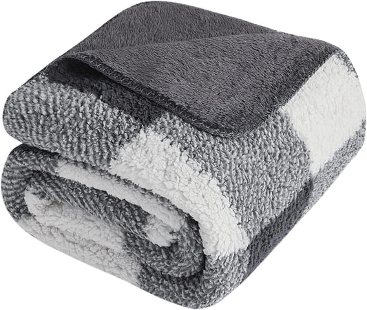 LURKA Checkered Sherpa Fleece Twin-Size Bed Blanket - Extra Thick and Warm Winter Soft Fuzzy Plush Blanket for Couches, Beds & Pets, Smoke Grey, 60x80 Inches