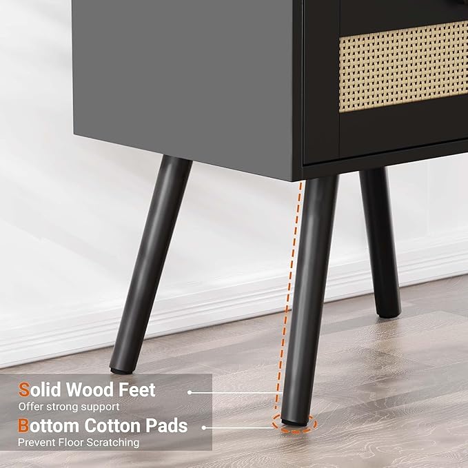 SUPERJARE Nightstand with Charging Station & Rattan-Like Decor Drawer, Rattan End Table with Solid Wood Feet, Bed Side Table with Open Storage, for Bedroom, Living Room, Dormitory - Black