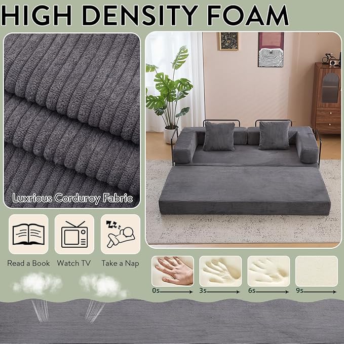 4-in-1 Convertible Folding Sleeper Sofa Bed, Fold Out Floor Sofa Couch with Fixed-Shape Frame, Cloud Corduroy Foldable Mattress Couch for Living Room Bedroom (78.5" Corduroy, Dark Grey)