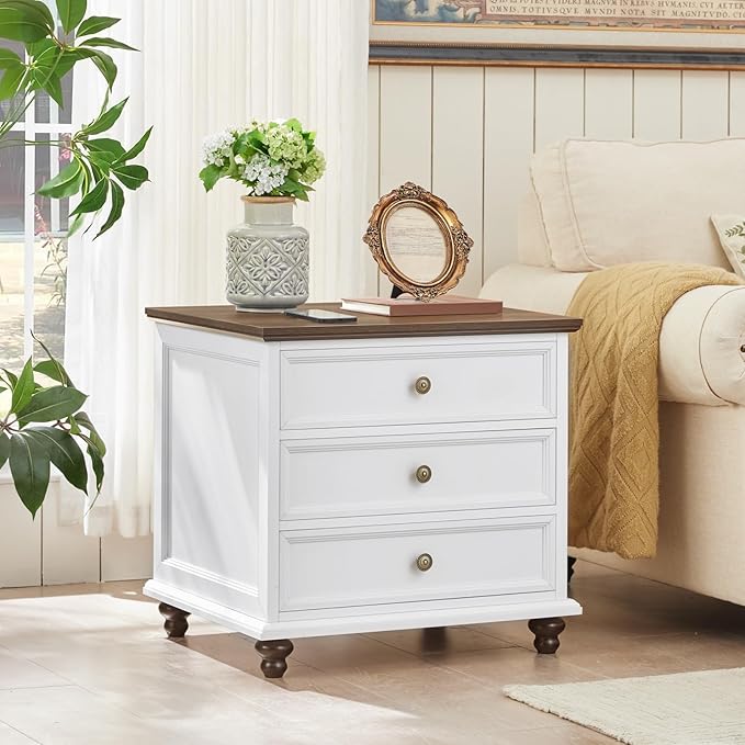24" Wide Farmhouse Night Stand,Large End Table with 3 Drawers & Metal Handle,White Wood Dresser for Bedroom Cabinet, Bed Side Tabl·e Chest of Drawers,Nightstand for Living Room