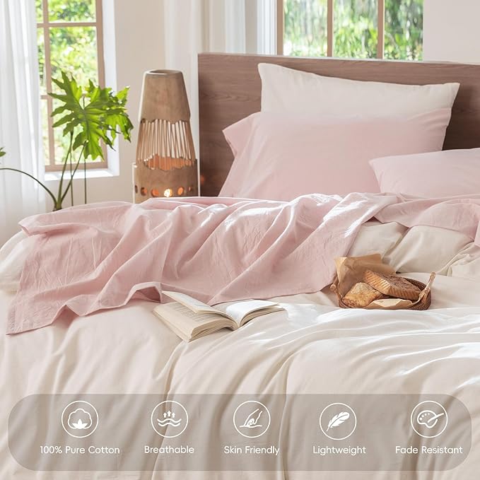 MooMee Bedding Sheet Set 100% Washed Cotton Linen Like Textured Breathable Durable Soft Comfy (Heathered Greyish Pink, Full)