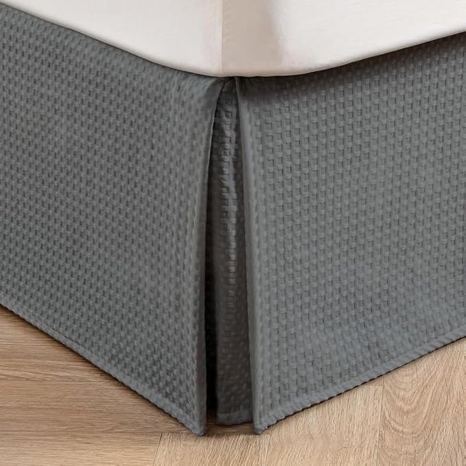 MIYE Pleated Waffle Weave Bed Skirt, Tailored Dust Ruffle 12 Inch Drop Easy Fit, Machine Washable (Dark Grey,Cal King - 12" Drop)