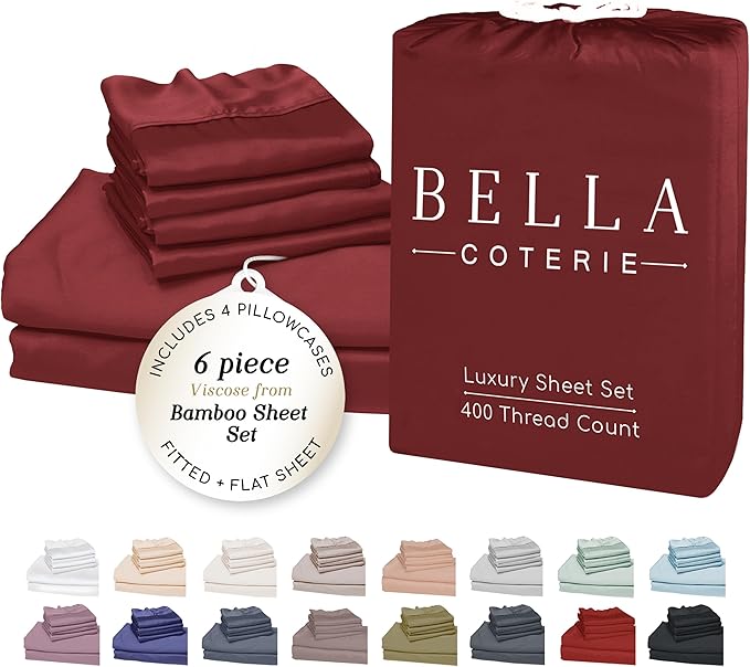 Bella Coterie 6 Piece Luxury Bamboo Viscose California King Size Sheet Set | 100% Organically Grown | Cooling for Hot Sleepers | 18" Deep Pocket | Soft & Hypoallergenic | 4 Pillowcases [Merlot]