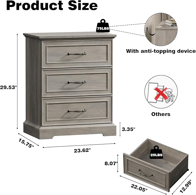 Farmhouse 3 Drawers Dresser for Bedroom, 24" Wide Modern Chest of Drawers with Deep Drawers & Bar Handles, Rustic Wood Nightstand, Wooden Closet Storage Organizer for Living Room, Hallway, Grey