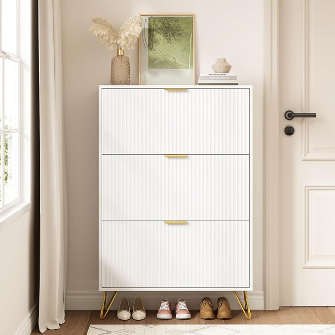 Slim Shoe Cabinet with 3 Flip Drawers, Fluted Shoe Cabinet Storage for Entryway, Narrow Shoe Storage Cabinet, Modern Freestanding Shoe Rack Organizer for Entryway, White