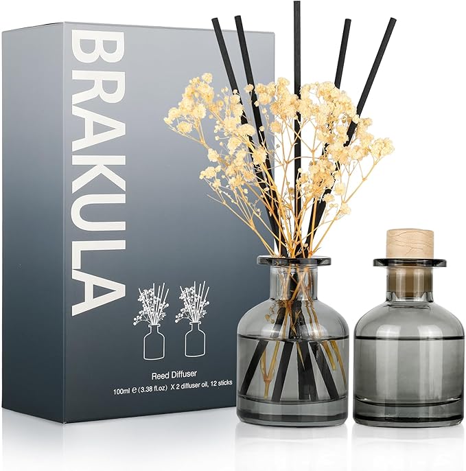 Brakula 2 Pack Reed Diffuser, Eucalyptus & Wild Mint+Lavender Vanilla (3.38 fl oz Each Pack), Home Fragrance with 12 Sticks, Shelf Decor, Reed diffusers for Home
