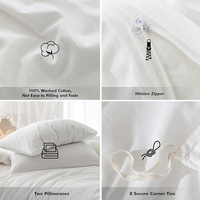 FOSSA Duvet Cover Set 100% Washed Cotton Linen Feel Super Soft Breathable Cozy 3 Pieces Bedding Sets Solid Off White Full/Double
