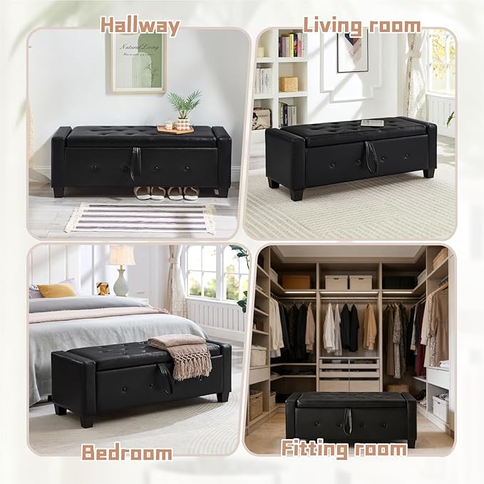 48“ Storage Ottoman Bench, Upholstered Button-Tufted End of Bed Bench with Soft-Close Hinge & Solid Wood Legs, Foot Rest for Living Room, Bedroom, Hallway (Faux Leather, Black)