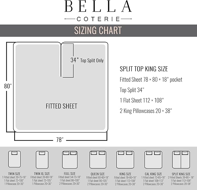 Bella Coterie Luxury Bamboo Viscose 34” Split Top King Size Sheet Set | 1 Fitted Sheet for Sleep Number & Adjustable Beds | 100% Organically Grown | Cooling & Soft | 18” Deep Pocket [Dusty Rose]