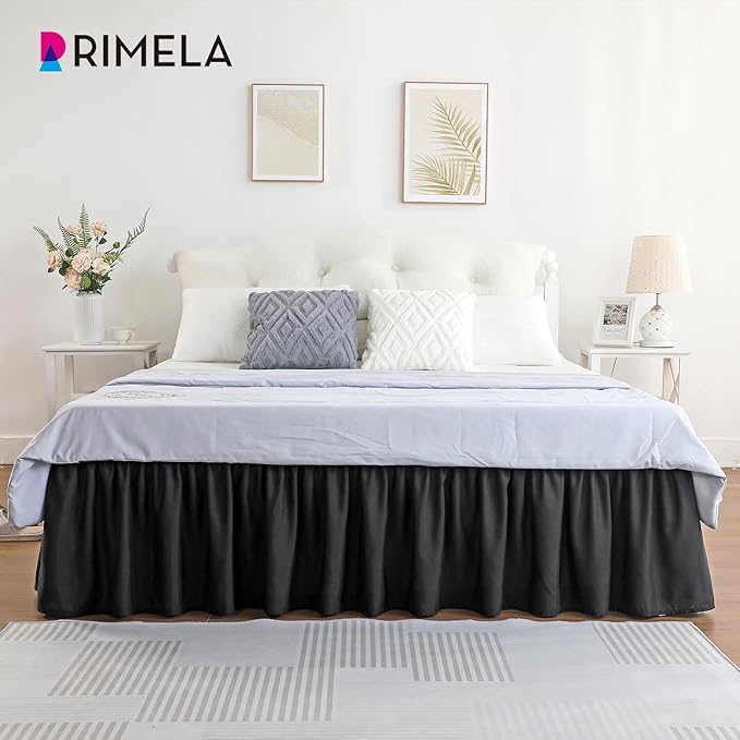 RIMELA Black Bed Skirt Queen Size 15 Inch Drop, Elastic Bed Skirting for Bed Base and Frame, Bedding Dust Ruffle Easy to Install, Lightweight Wrap Around Adjustable Bedskirt