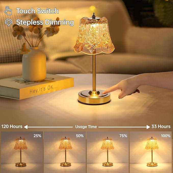 Small Table Lamp with 5200mAh Battery & Touch Control - 3 Adjustable Color Temperatures, Dimmable Rechargeable Table Lamps for Living Room, Bedroom, Bedside (Amber Rose)