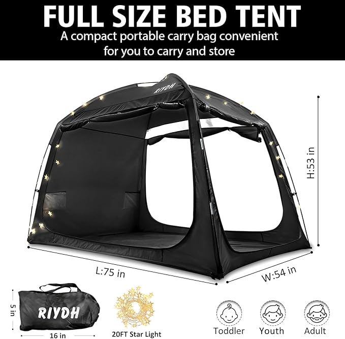 Bed Tent Bed Canopy Breathable 100% for Adult and Kids- Original Design Light Reduction 93% Sleeping Dream Tents Indoor Portable Big Space with String Light 3 Doors Twin Full Queen King Size